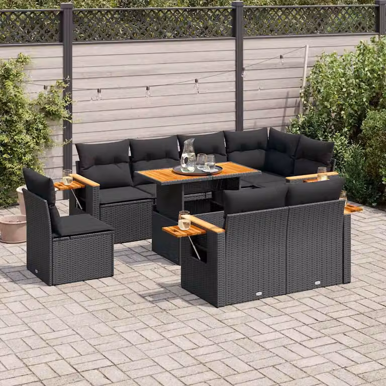Maison Exclusive - Set Divani da Giardino 9 pz con Cuscini Nero Polyrattan Acacia