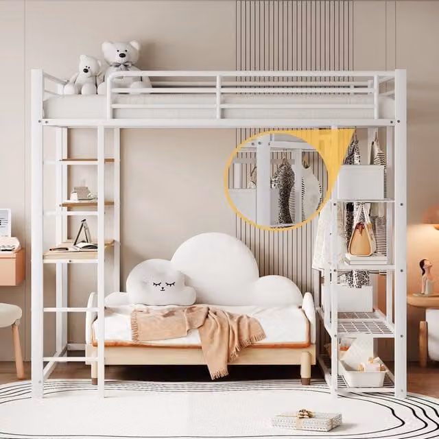Letto a soppalco 90x200 con scala e scrivania; struttura in metallo bianco con scaffali e guardaroba