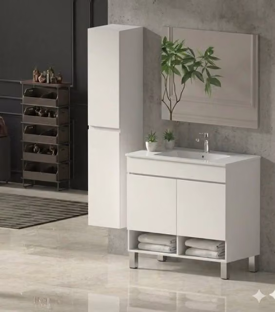 Mobile Bagno NEBARI com gambe Già Montato 2 portas, lavabo e specchio Bianco lucido 80x45 cm con colonna