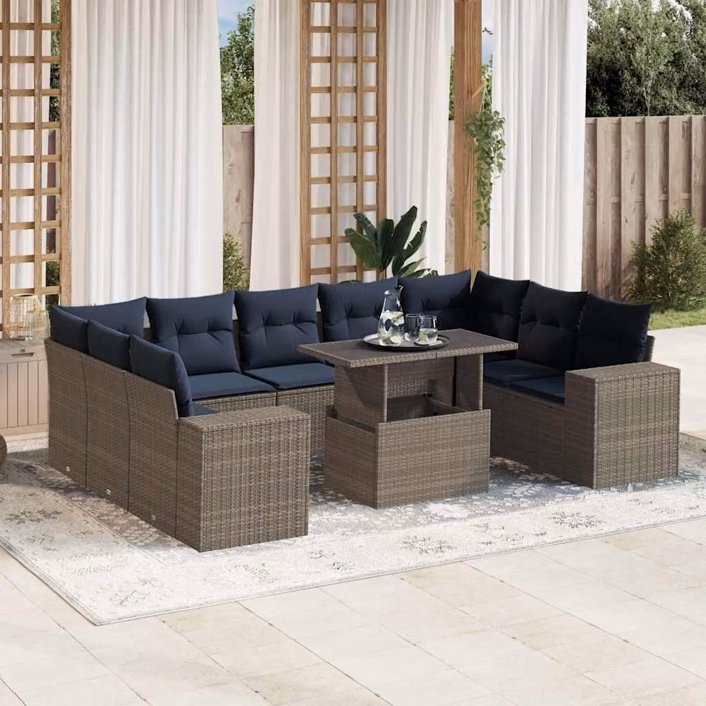 Set di divani da giardino vidaXL in polyrattan grigio con cuscini e tavolino da esterno a forma di U per 10 persone