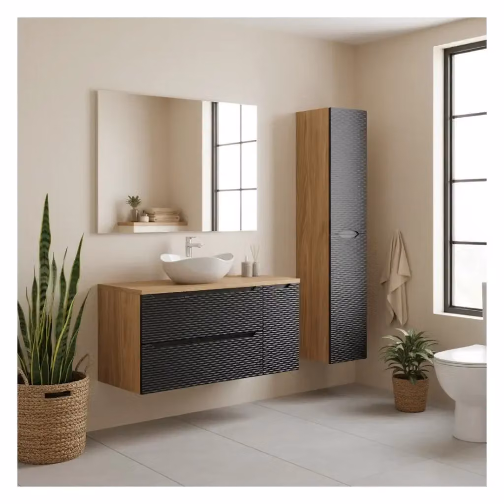 Set da bagno YOKA Meublorama nero: mobile sottolavabo, piano, lavabo da appoggio e colonna contenitore – 2