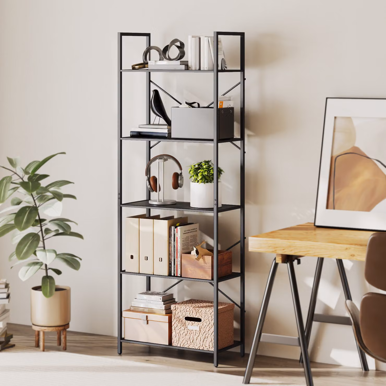 Libreria HOMCOM a 5 ripiani in stile industriale con struttura metallica, Nero, L: 60 cm, P: 30 cm, H: 170,5 cm – 2