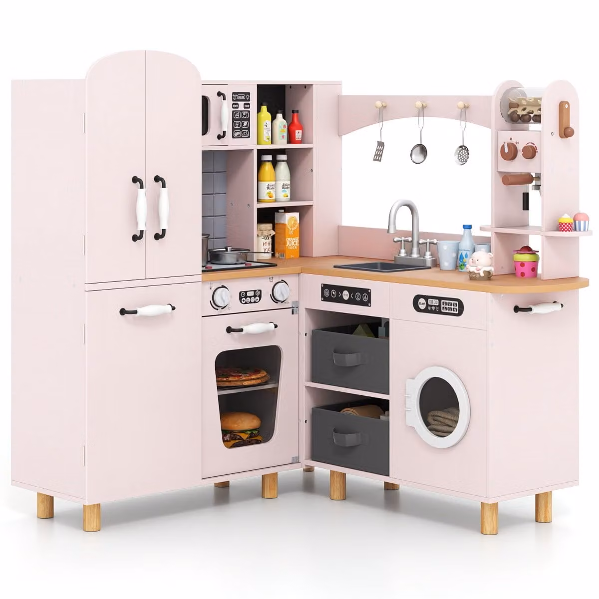 Cucina giocattolo ad angolo in legno Costway rosa con frigorifero a doppia porta e accessori