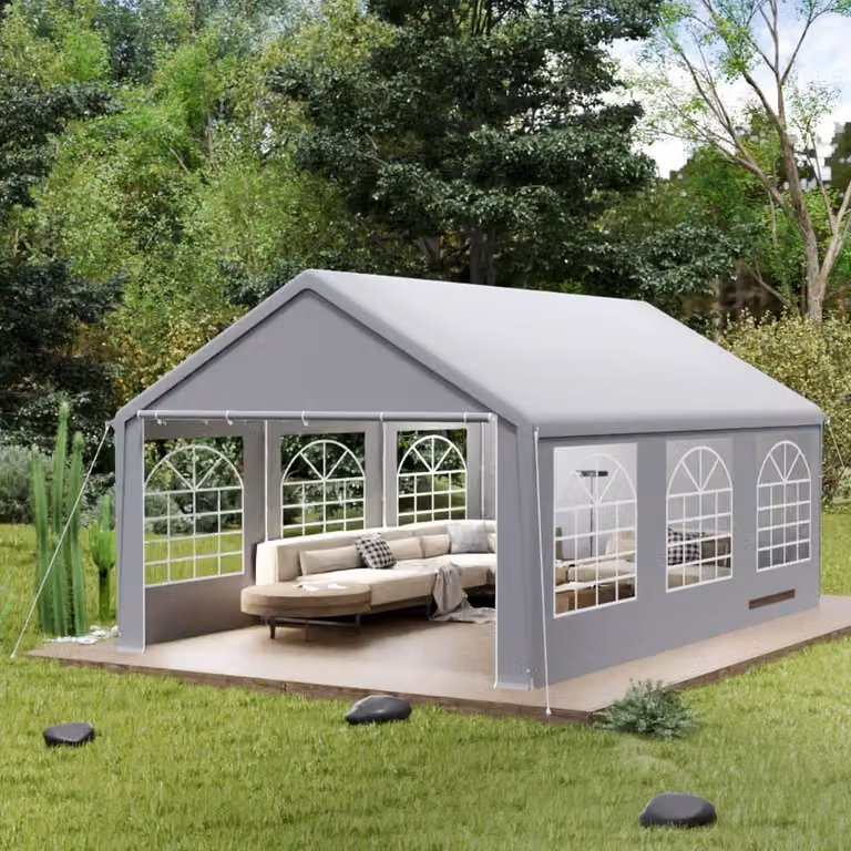 Tenda da festa grigia 4x6 metri, con finestre, impermeabile, con protezione UV, struttura in acciaio
