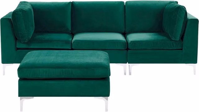 Divano Componibile Beliani in Velluto Verde con Ottoman e Gambe in Metallo Argento, Stile Moderno Glamour, L: 235 cm x P: 84 cm x H: 85 cm