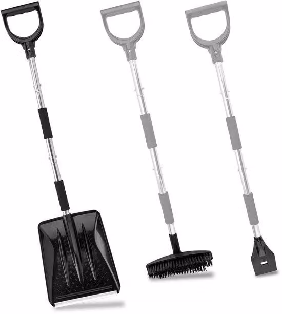 Set 3-in-1 Unyqoos® per la rimozione della neve: pala da neve, raschietto per ghiaccio e spazzola per neve, regolabile da 84 a 112 cm, manico in acciaio inossidabile, corpo in ABS con bordo in alluminio, peso: 1,14 kg