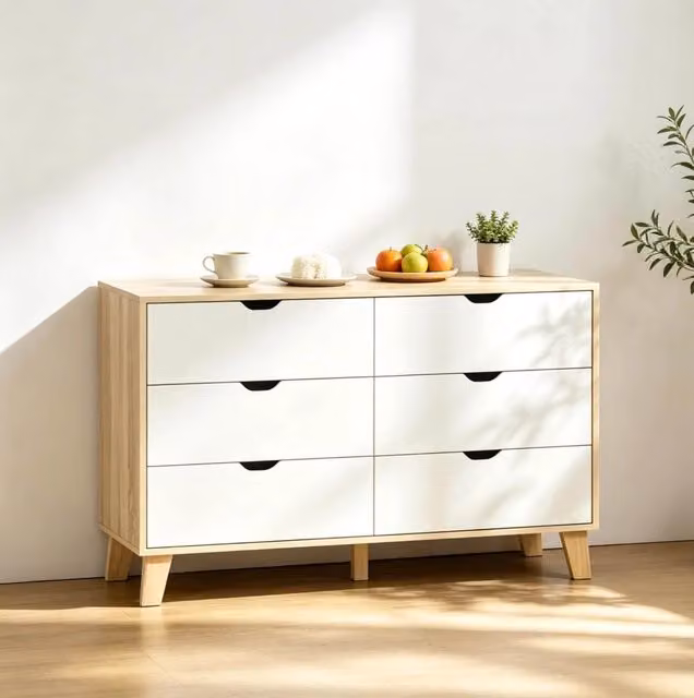 Comò contenitore a 6 cassetti 120x40x76 cm in truciolare bianco e rovere