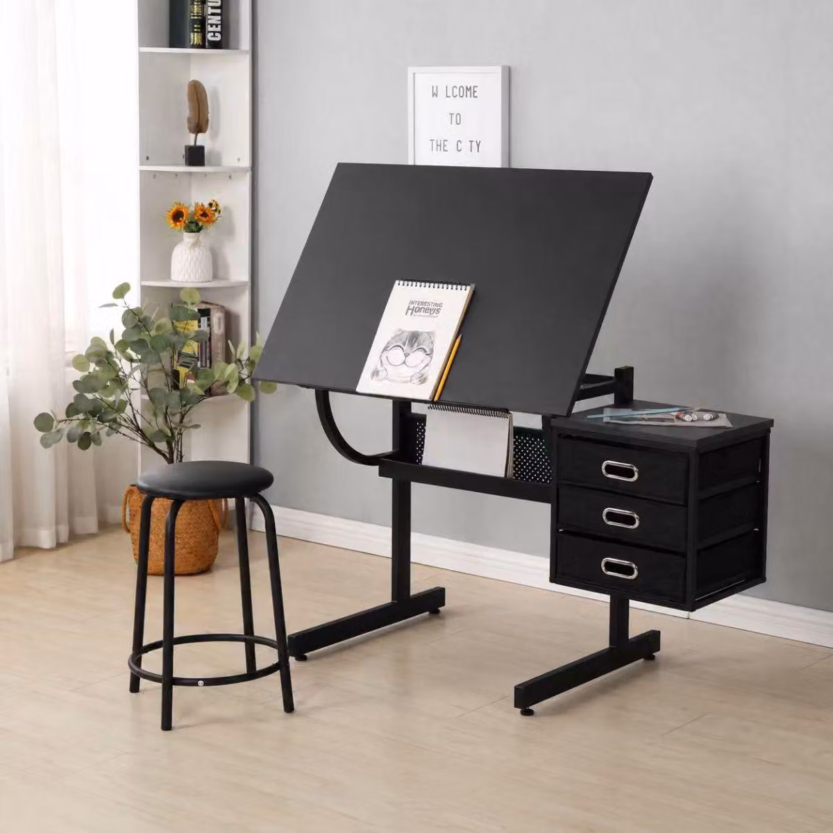 Tavolo da disegno con sgabello e 3 cassetti, tavolo da disegno regolabile in altezza, ideale per arte, pittura e ufficio, dimensioni 116x60x75 cm, colore nero