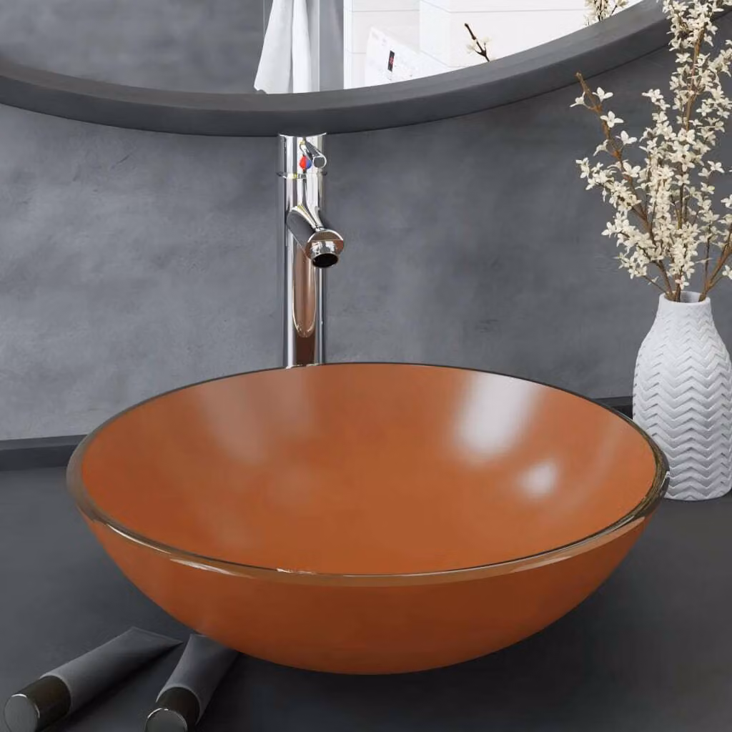 The Living Store Lavandino da bagno con rubinetto e scarico a scomparsa Vetro temperato marrone