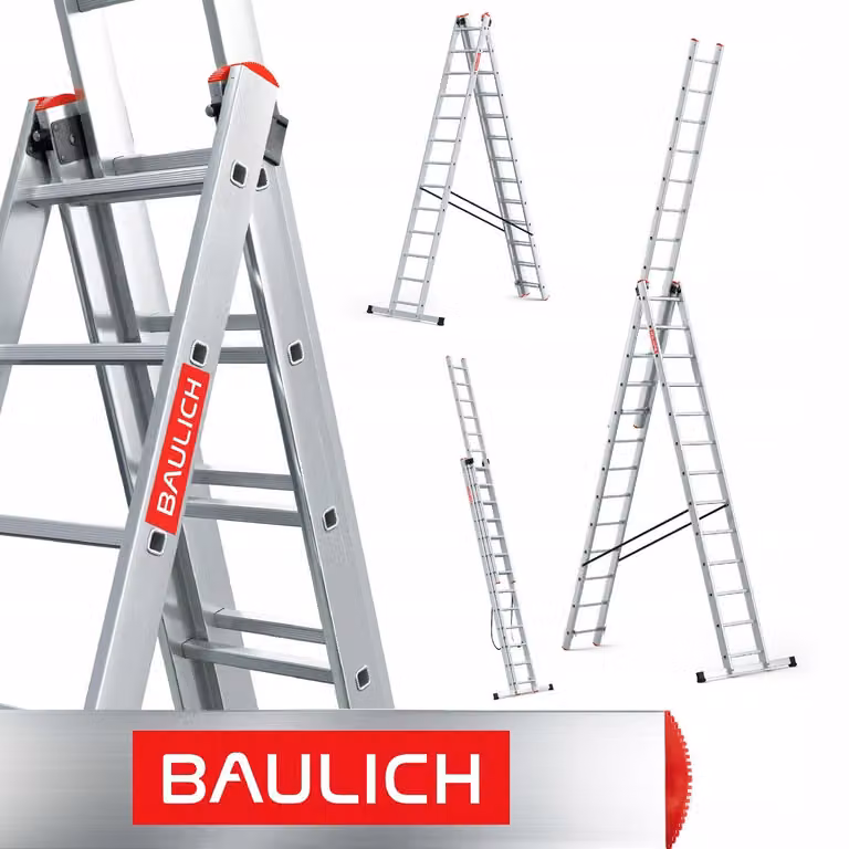 Baulich | Scala in alluminio - 3 sezioni - 3x13 gradini - Carico massimo 150 kg - Altezza massima di lavoro 8,61 m - Scala multifunzionale - Stabilizzatore incluso