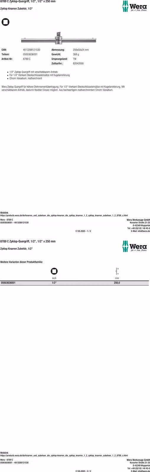 Wera 8789 C 05003636001 T-handle Drive (screwdriver) 1/2 (12.5 mm) 250 mm 1 pc(s)