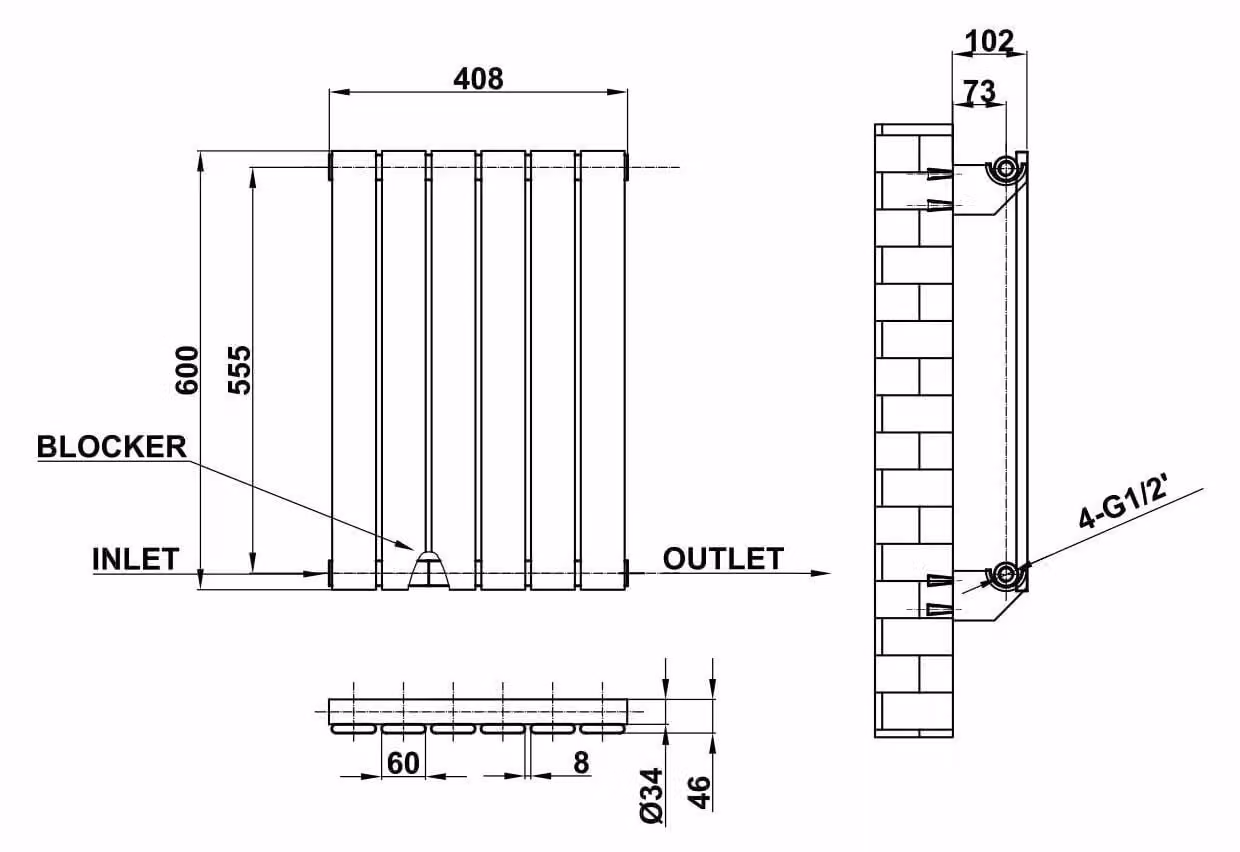 Radiatore orizzontale, colore antracite, dimensioni 600x408 mm, adatto per il soggiorno
