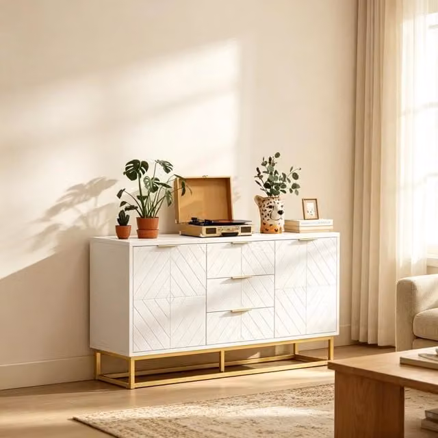 Credenza e madia con 2 ante, 3 cassetti e ripiano regolabile, per sala da pranzo, in MDF e metallo, bianco oro, 120 × 40 × 76 cm