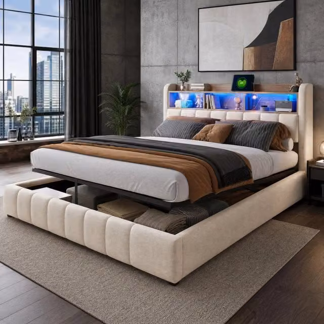 Letto matrimoniale MODFU imbottito in lino beige con contenitore, illuminazione LED, porta USB e mensola laterale, L/P: 180 x 200 cm