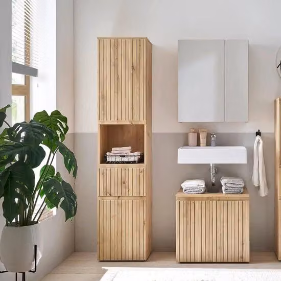 Cassettiere da bagno alta in stile Artisan legno di quercia - certificata FSC - con molta capacità di stoccaggio - 40x181x31cm cassettiere da bagno altezza