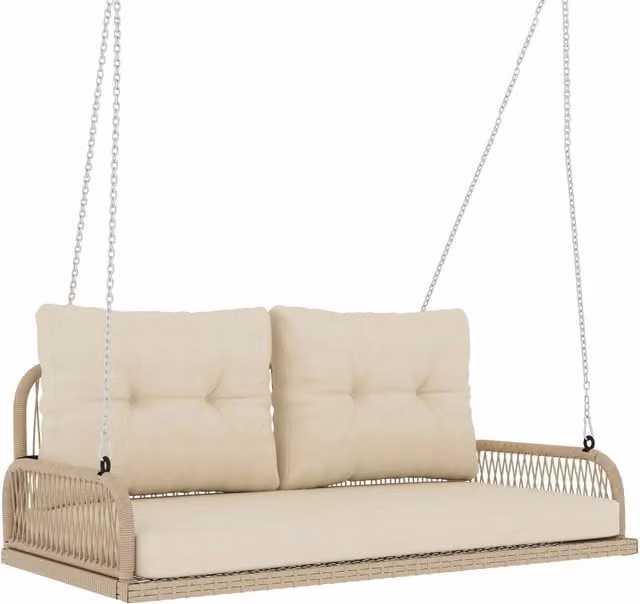 Panchina da esterno Minimal a 2 posti in resina intrecciata con cuscini e catene in acciaio, colore beige, L 115 x P 66 x H 44 cm