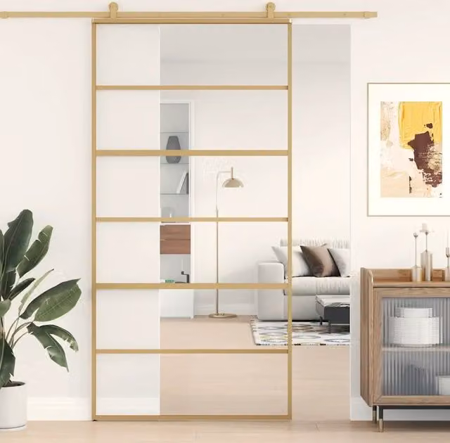 Porta Scorrevole vidaXL in Alluminio e Vetro Trasparente Oro L: 102,5 cm, H: 205 cm