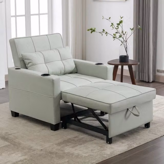 Poltrona letto estraibile 3 in 1 reclinabile MIVRAY in similpelle grigia con struttura in legno e metallo e portabicchieri – 1
