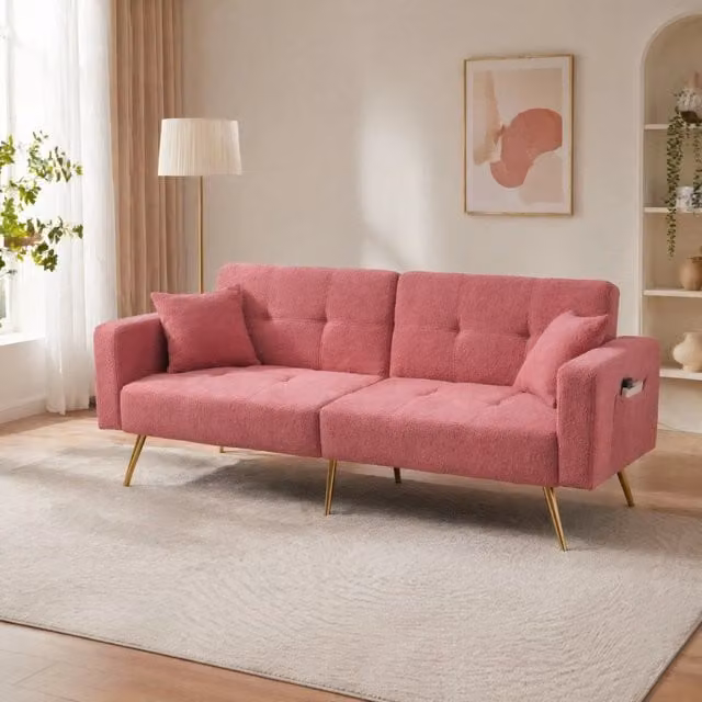 Divano letto in tessuto sherpa rosa con schienale regolabile e tasche laterali