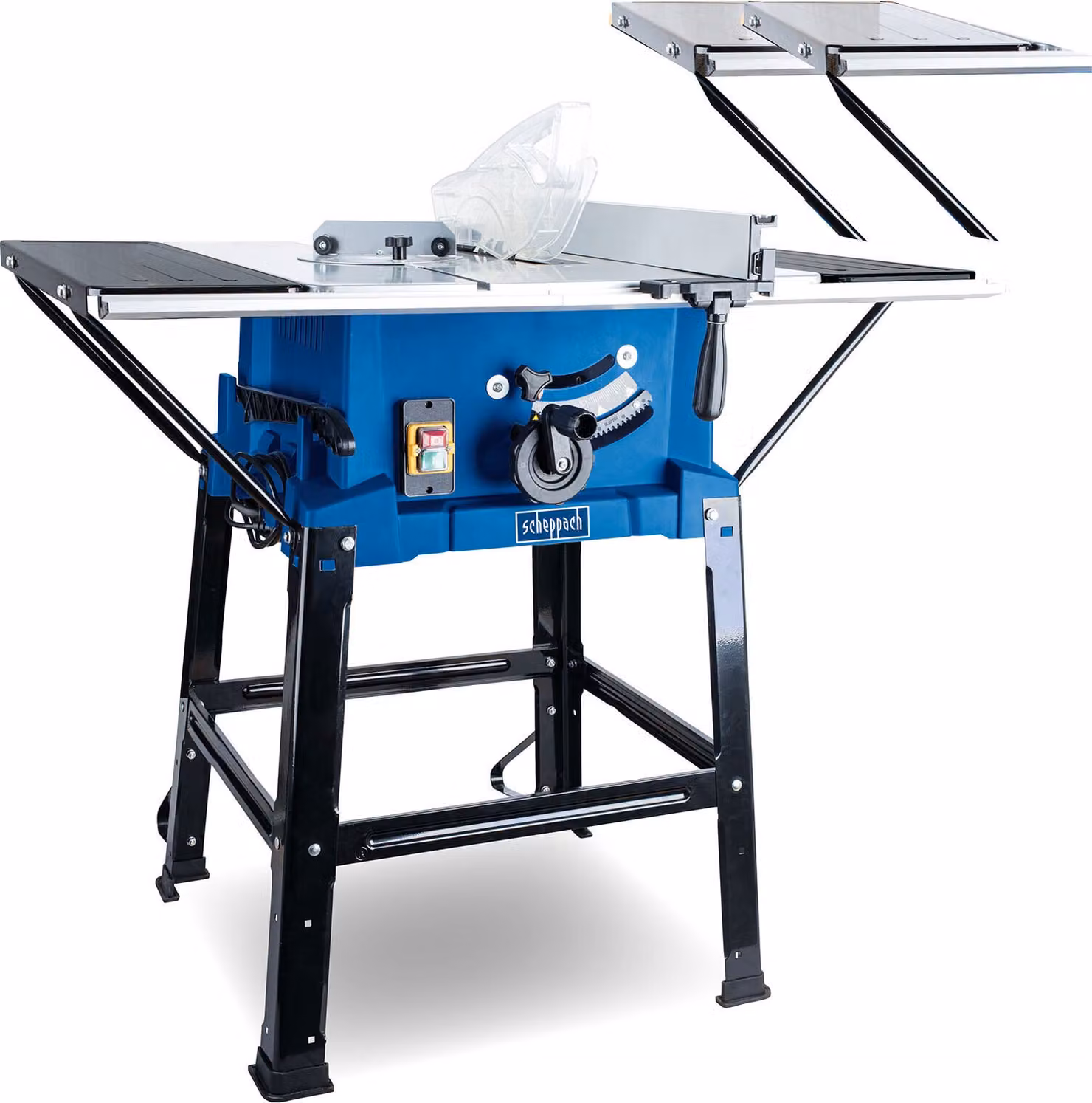 Sega da banco Scheppach HS110 | 230V 2000W | altezza di taglio 87mm | Ø 254mm | incl. prolunghe del tavolo e telaio di base | 630x930 mm | altezza del tavolo 870mm