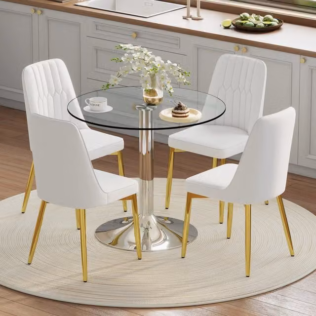 Set tavolo da pranzo e sedie 1 tavolo rotondo + 4 sedie con base stabile in vetro, metallo e PU bianco e oro