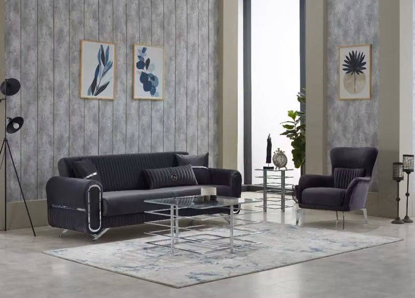 Garnitur Sofagarnitur Couch Polstersofa Dreisitzer Sessel Grau 2tlg