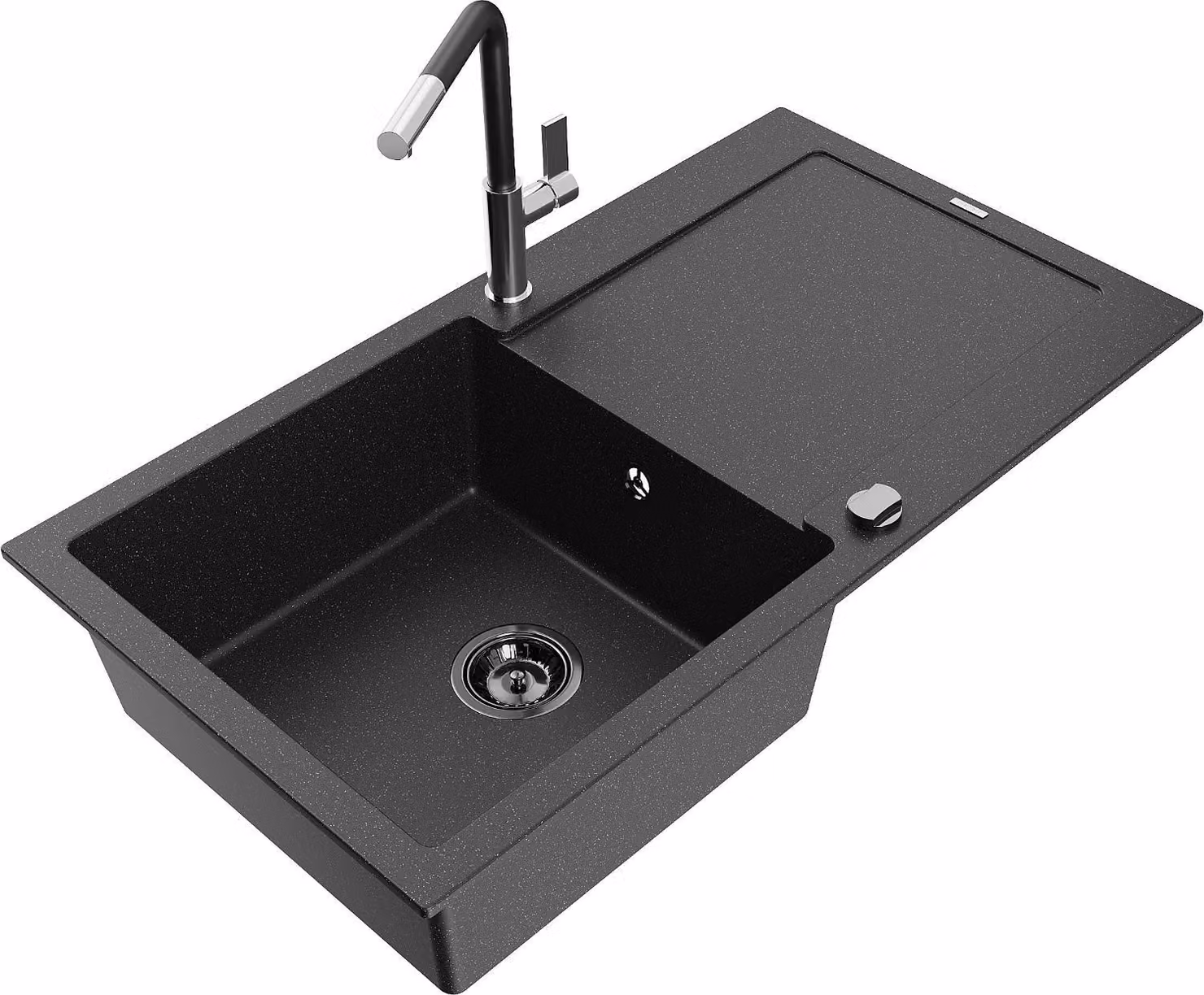 Mexen Leo lavello in granito a 1 vasca con gocciolatoio e rubinetto da cucina Flora, nero/metallizzato argento
