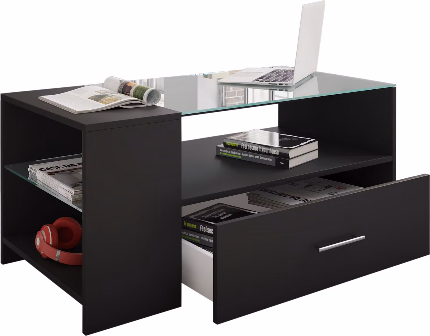 Tavolino in legno con vetro di sicurezza ESG | Sofatic con spazio di archiviazione sufficiente | Dimensioni ca. H. 45 x W. 100 x D. 50 cm | Tavolo soggiorno con cassetto - Tindala
