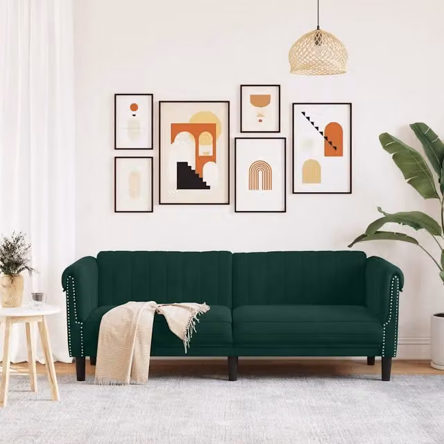 Divano a 3 posti moderno vidaXL in velluto verde con struttura in legno e schiuma L: 203 cm, P: 77 cm, H: 74 cm – 1