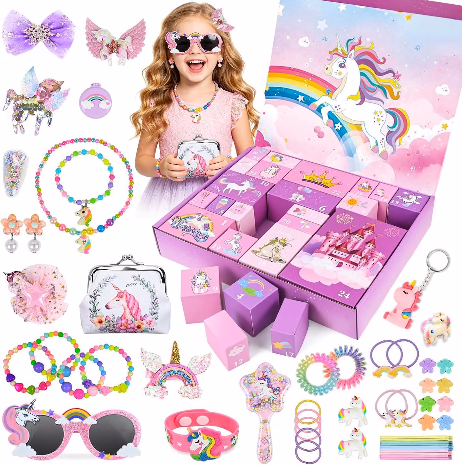 Calendario dell'Avvento per bambine - Calendario dell'Avvento a tema unicorno - Regalo di Natale con 24 sorprese - Include giocattoli - Accessori per capelli
