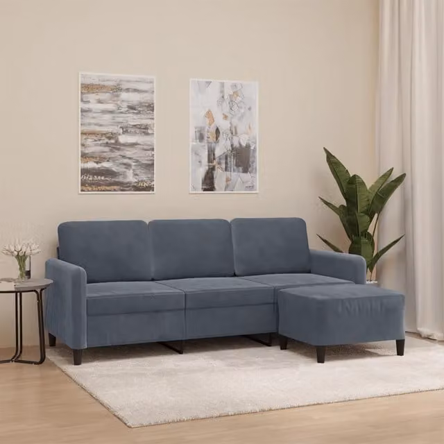 Divano Moderno a 3 Posti con Poggiapiedi vidaXL in Velluto Grigio L: 198 cm, P: 80 cm, H: 77 cm