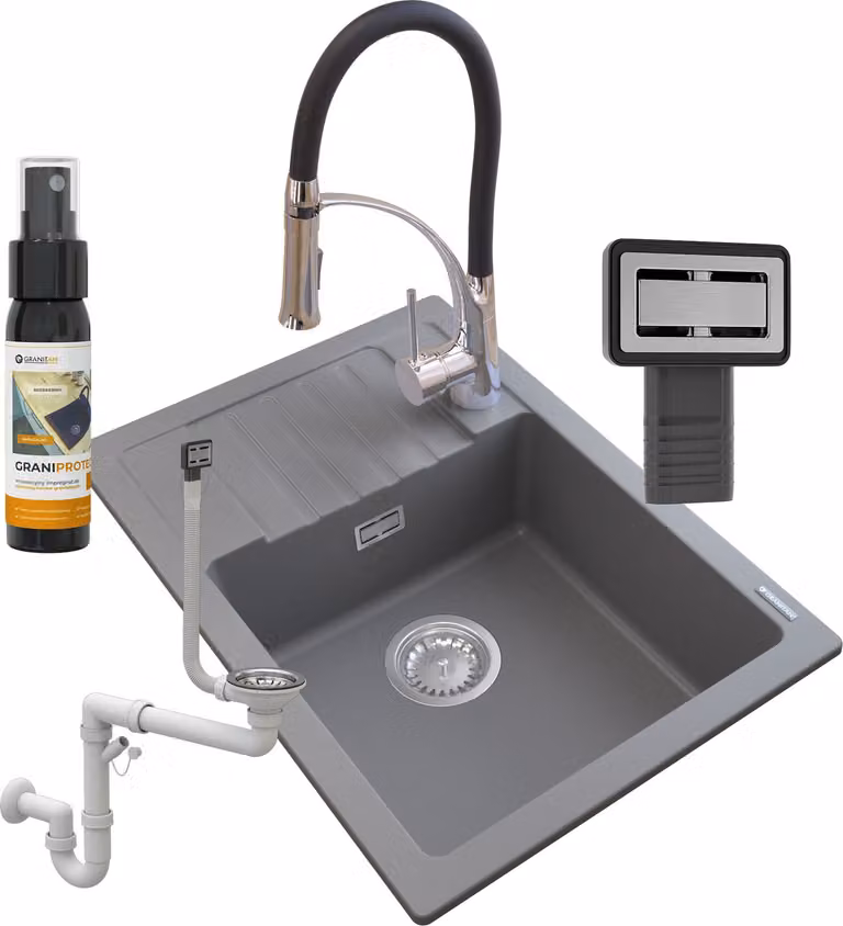 Granitan - Lavello in granito - Lavello da cucina - 62x44x18 cm - Grigio - con rubinetteria NEXO, sifone e trattamento impermeabilizzante