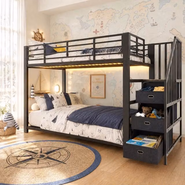 Letto a castello 90x200 cm con scala contenitore; LED e prese in MDF e metallo nero