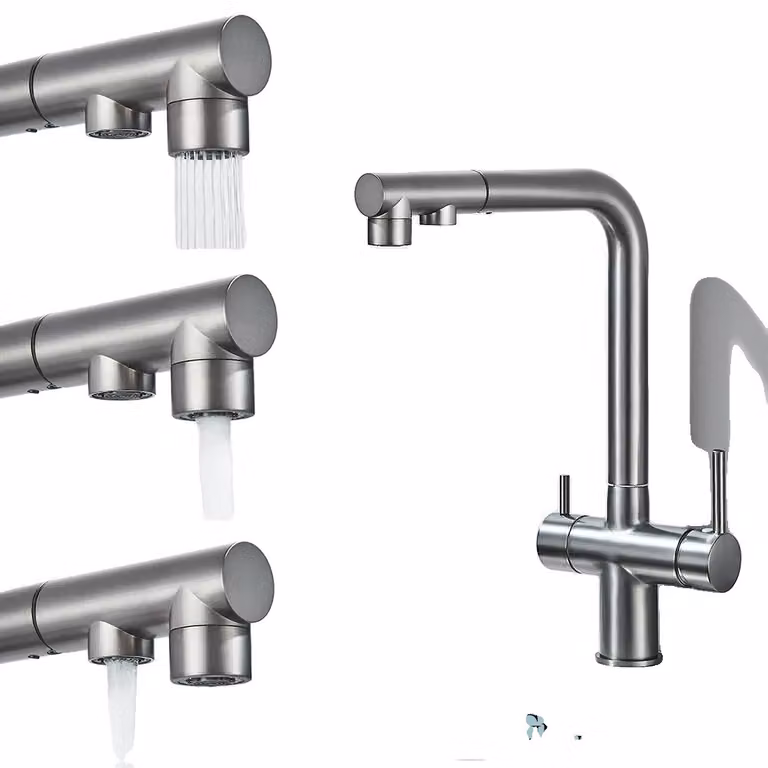 Miscelatore da cucina a due fori, acqua calda e fredda selezionabile, design contemporaneo in ottone, grigio