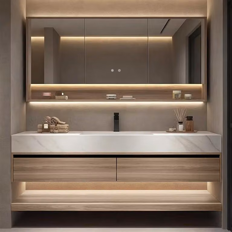 Lavabo in sinterizzata bianco, piano di lavoro con venature del legno, mobile sottolavabo, set con pensile [RW3256JG-110]