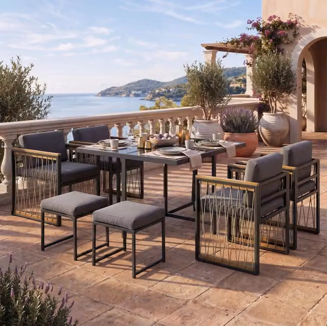 Set da pranzo da esterno con tavolo 117 x 117 cm; 4 poltrone e 2 poggiapiedi; nero e naturale