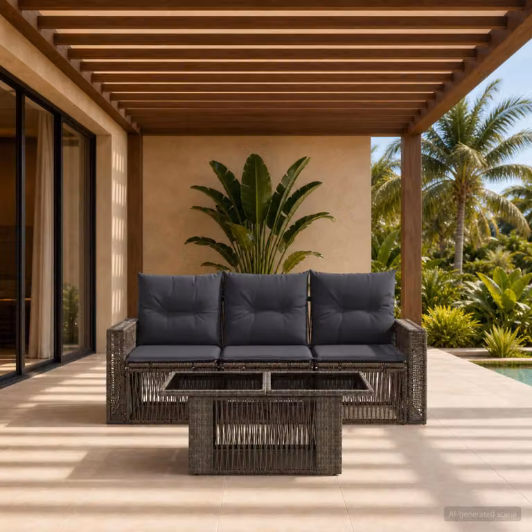 Set Divano da Giardino vidaXL in Polyrattan con Tavolino e Cuscini, Grigio e Antracite