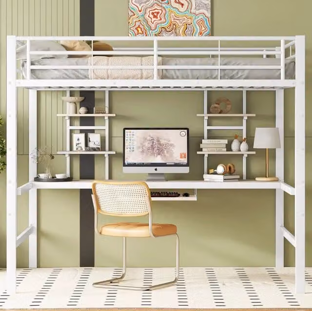 Letto a soppalco 140x200 cm in metallo e MDF; bianco; con scrivania e 2 librerie