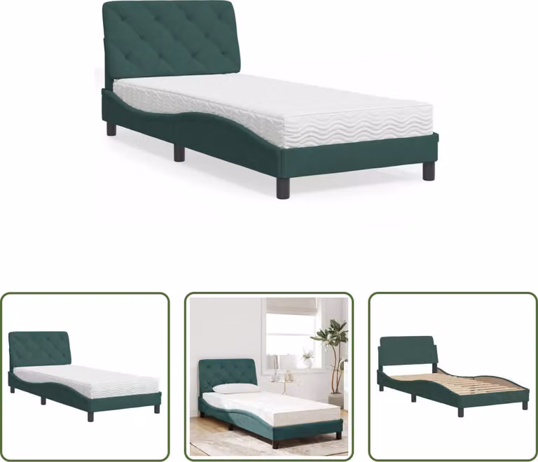 The Living Store Letto con materasso in velluto verde scuro 90x200 cm