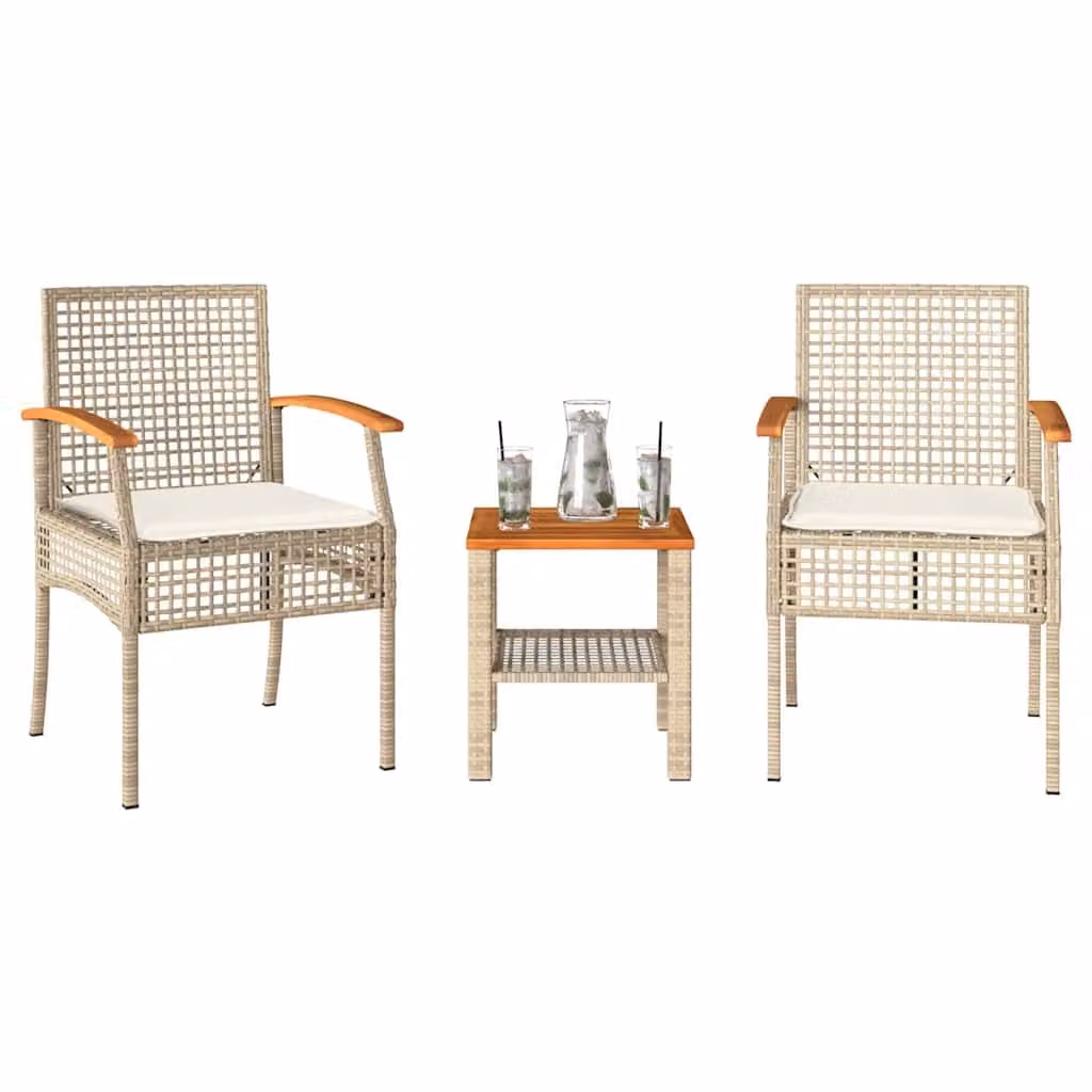 Set da Bistrò vidaXL 3 pz in Polyrattan e Legno di Acacia con Cuscini Beige