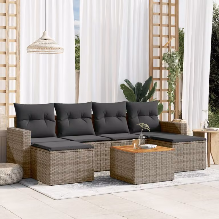 Set di divani da giardino vidaXL in polyrattan grigio con cuscini, tavolino e pouf, design moderno a forma di L