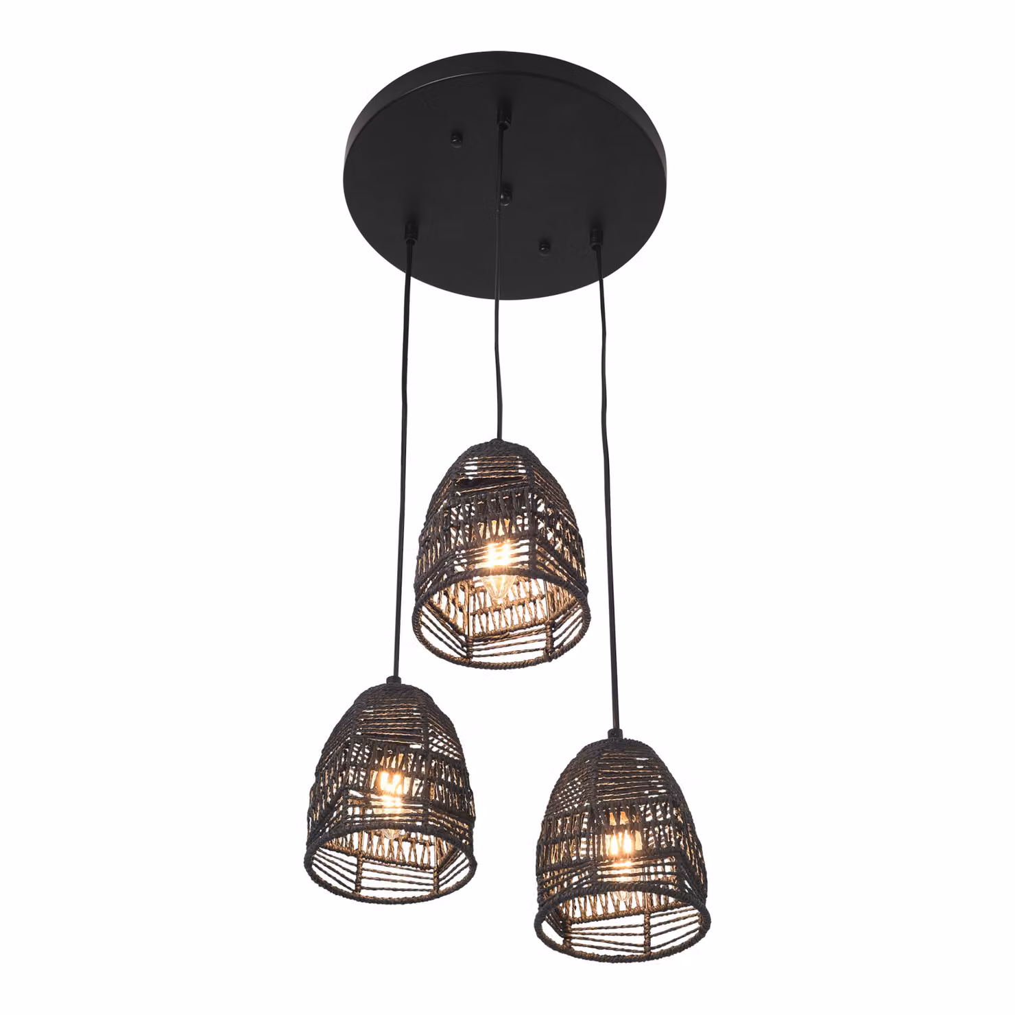 Lampada a sospensione «Andover» 3 x E14, regolabile in altezza, metallo e rattan, 131 cm, nera