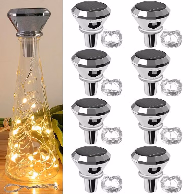 Catena luminosa solare a forma di bottiglia, confezione da 8 pezzi, lunghezza 2 metri, 20 LED bianco caldo