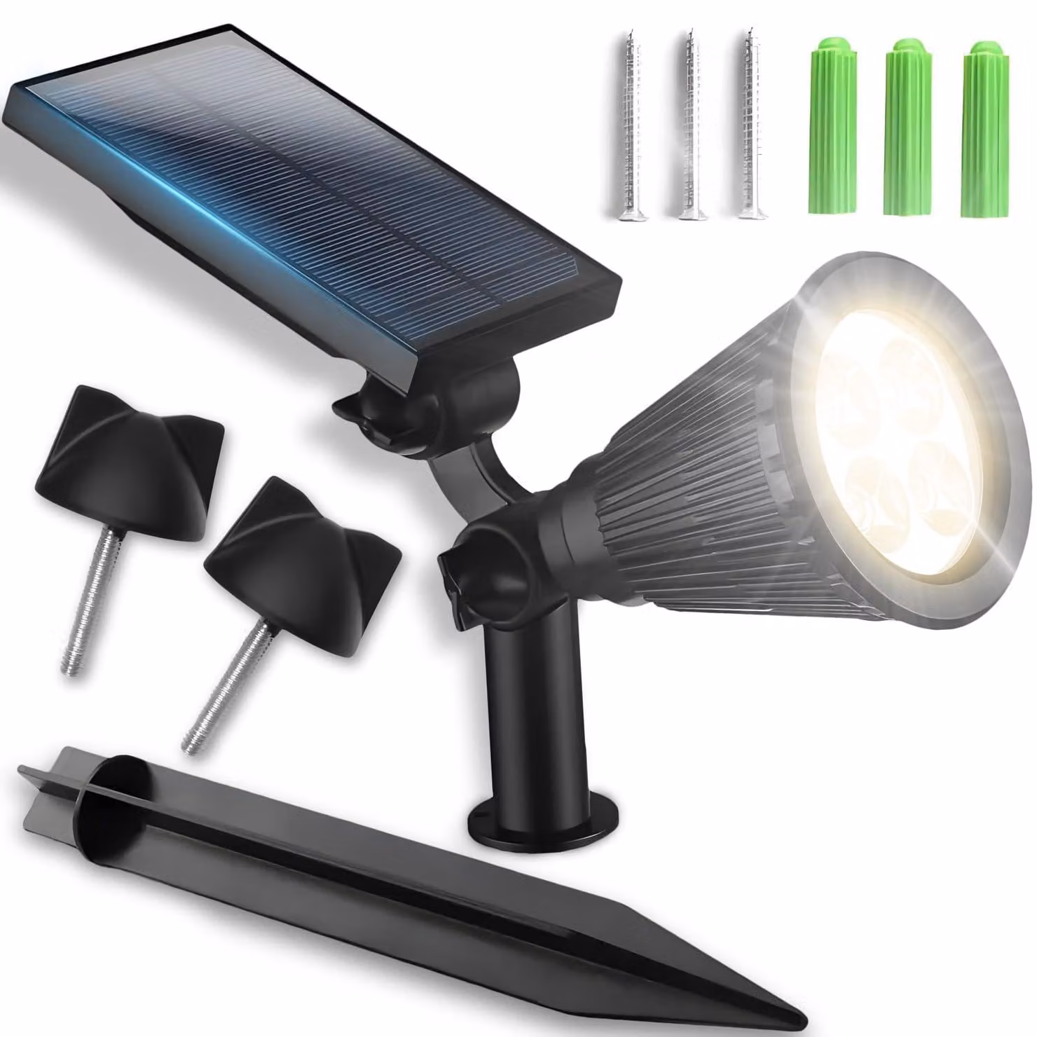 Faretto solare esterno, 4 LED, 50 lumen, 20 W, grado di protezione IP44, batteria 1860 mAh, dimensioni 33x9,2x18 cm