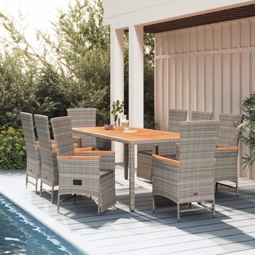The Living Store Set da pranzo da giardino 9 pezzi con cuscini in poly rattan grigio