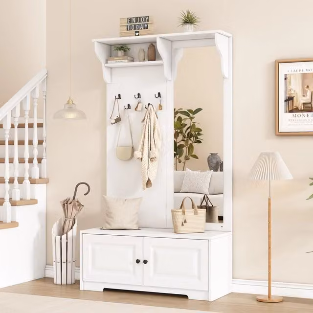 Guardaroba da ingresso moderno bianco con specchio e ante soft-close, L: 100 cm, H: 180 cm, P: 40 cm