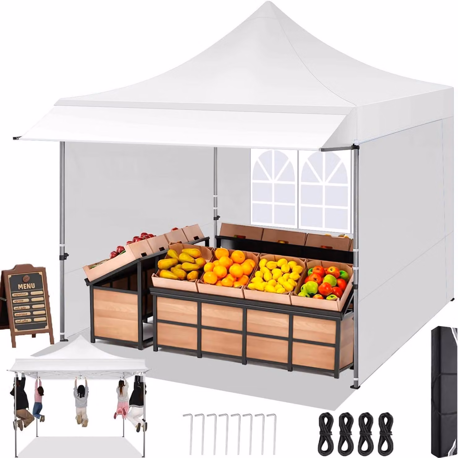 Gazebo da esterno 3x3 metri con tenda parasole estesa, 3 pareti laterali, impermeabile, resistente alle intemperie, colore bianco