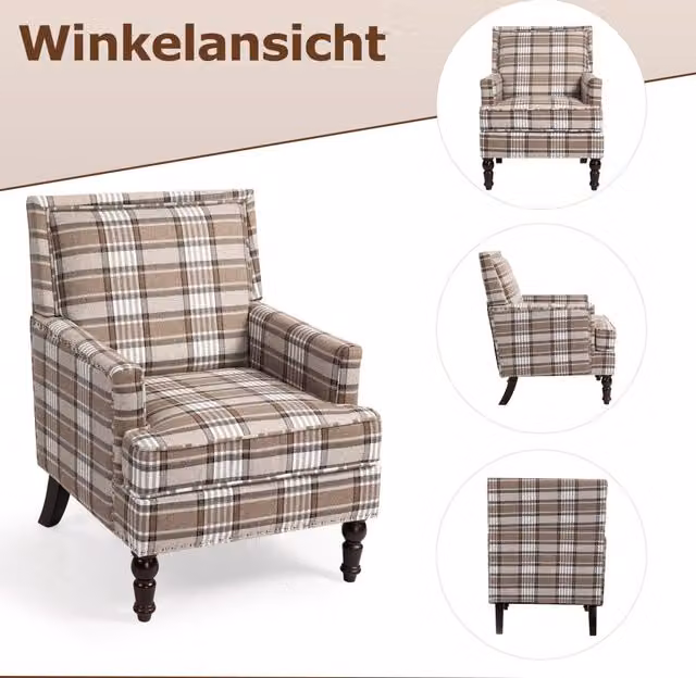 Poltrona Vintage ¨C MINIMAL ¨C Tessuto Lino Marrone con Borchie, Soggiorno
