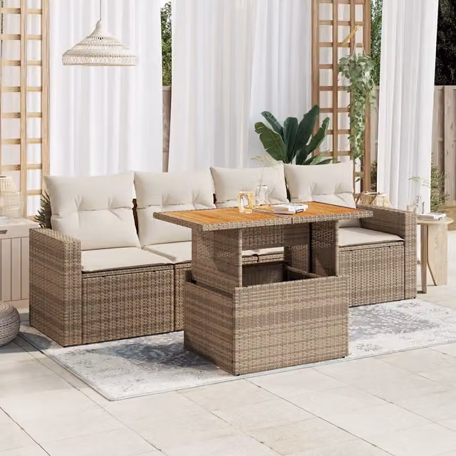 Set Divano da Giardino 5 Pezzi vidaXL con Cuscini Beige e Tavolino in Polyrattan e Acciaio – 1