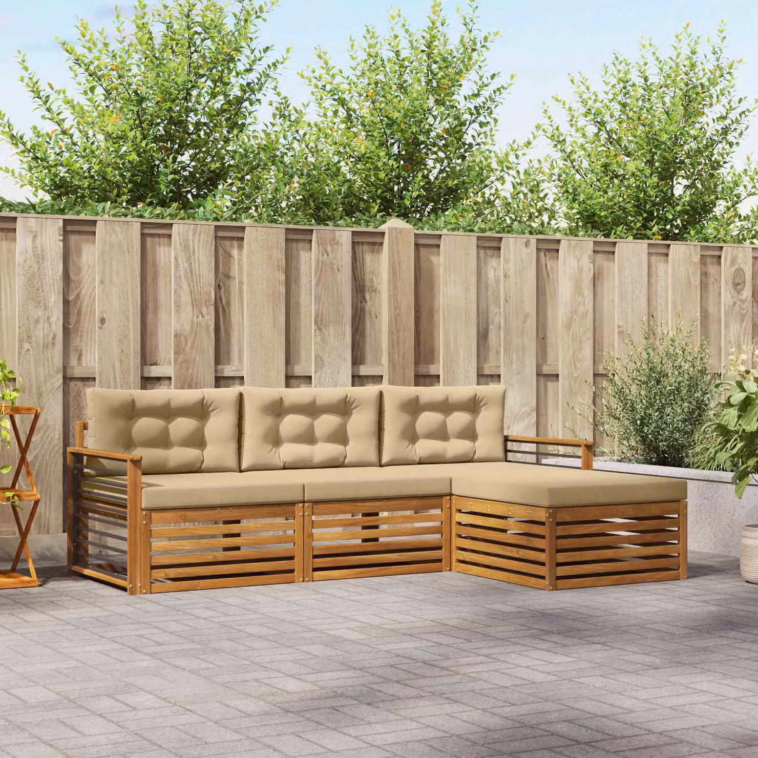 Set di divani da esterno vidaXL a forma di L in legno di acacia con pouf e cuscini, Beige e Marrone